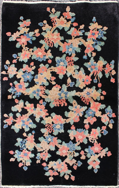 Art Deco Chinese Rug with Black Background and Flower Bouquet in Pastel Colors, rug s12 - 0505, country of origin / type: China / Art Deco, circa 1920 Handwoven in the first part of 20th Century (circa 1920), this antique Chinese rug features a bl... - Keivan Woven ArtsS12 - 0505 - 3241Rug