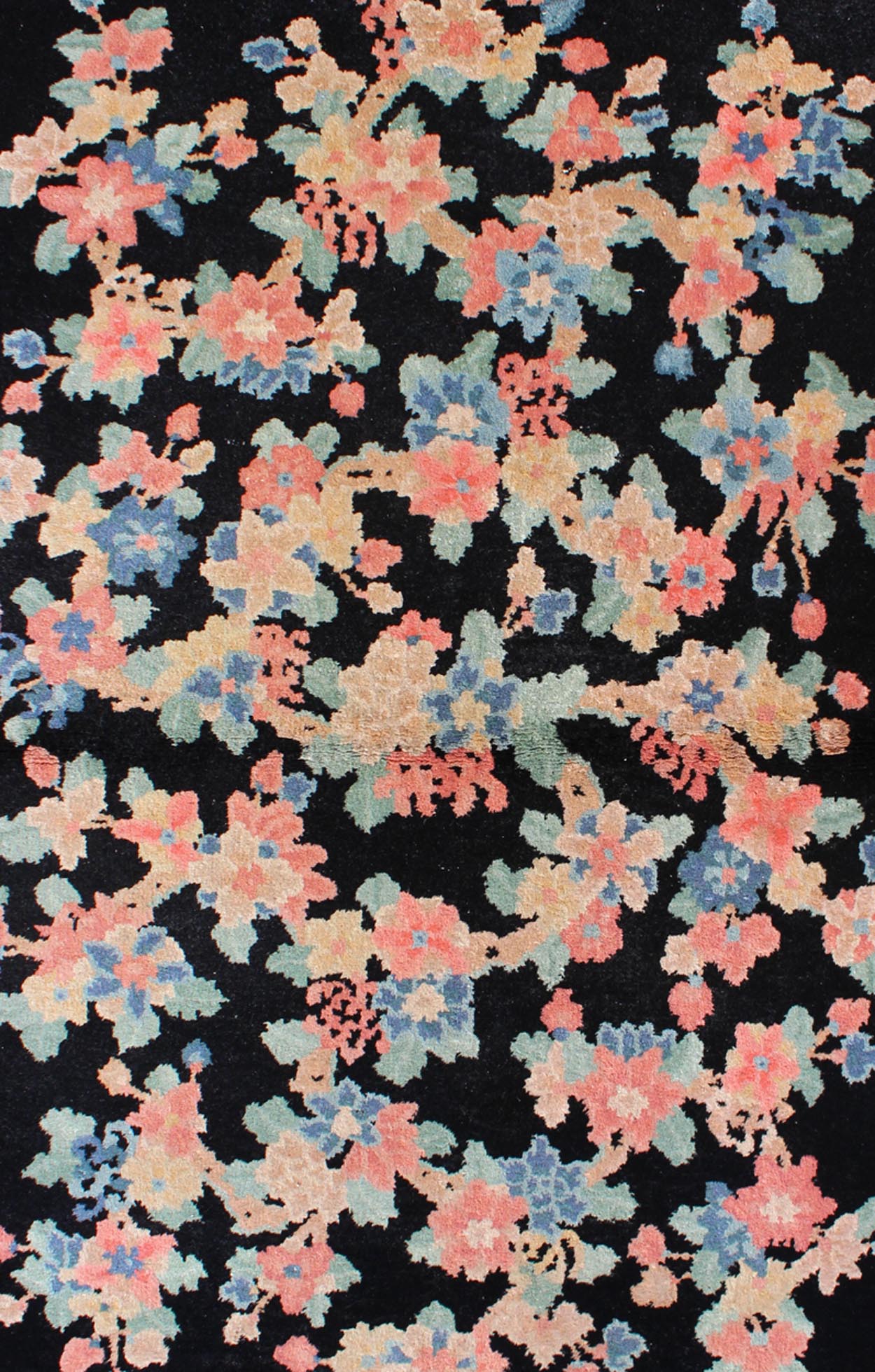 Art Deco Chinese Rug with Black Background and Flower Bouquet in Pastel Colors, rug s12 - 0505, country of origin / type: China / Art Deco, circa 1920 Handwoven in the first part of 20th Century (circa 1920), this antique Chinese rug features a bl... - Keivan Woven ArtsS12 - 0505 - 3241Rug