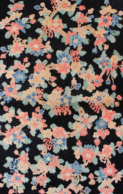 Art Deco Chinese Rug with Black Background and Flower Bouquet in Pastel Colors, rug s12 - 0505, country of origin / type: China / Art Deco, circa 1920 Handwoven in the first part of 20th Century (circa 1920), this antique Chinese rug features a bl... - Keivan Woven ArtsS12 - 0505 - 3241Rug