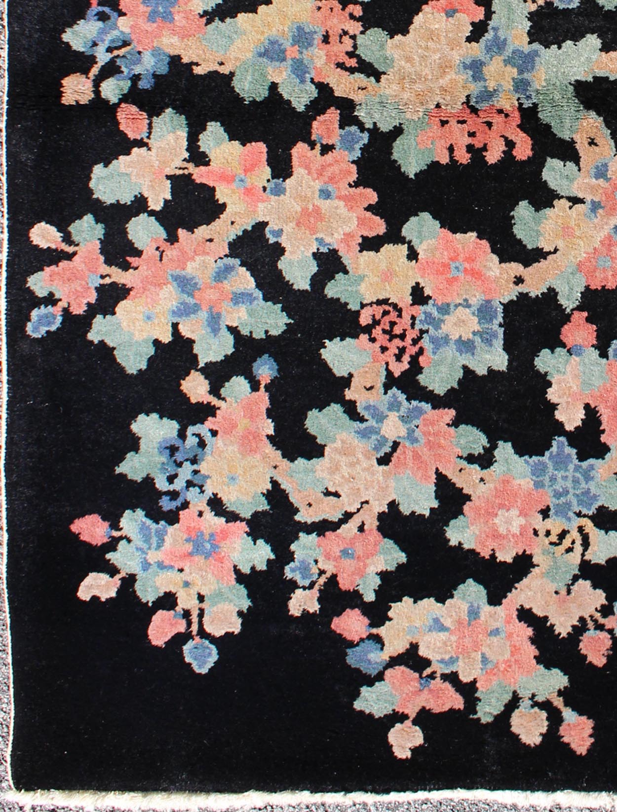 Art Deco Chinese Rug with Black Background and Flower Bouquet in Pastel Colors, rug s12 - 0505, country of origin / type: China / Art Deco, circa 1920 Handwoven in the first part of 20th Century (circa 1920), this antique Chinese rug features a bl... - Keivan Woven ArtsS12 - 0505 - 3241Rug