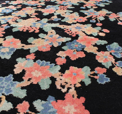 Art Deco Chinese Rug with Black Background and Flower Bouquet in Pastel Colors, rug s12 - 0505, country of origin / type: China / Art Deco, circa 1920 Handwoven in the first part of 20th Century (circa 1920), this antique Chinese rug features a bl... - Keivan Woven ArtsS12 - 0505 - 3241Rug