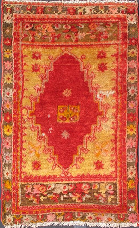 Angora Wool Antique Turkish Oushak Rug with Vibrant Red Floral Medallion Design, rug s12 - 0512, country of origin / type: Turkey / Oushak, circa 1910 Woven with a combination of angora and old wool, this magnificent Oushak boasts a central medall... - Keivan Woven ArtsS12 - 0512 - 3249Rug