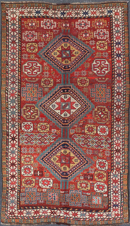 Antique Qashqai Rug with Geometric Motifs in Red, Blue, and Golden Yellow This stunning 19th century Qashqai rug from the central region of Persia displays three magnificent, geometric central medallions and an all - over geometric design. A dynam... - Keivan Woven ArtsS12 - 0518 - 3998Rug