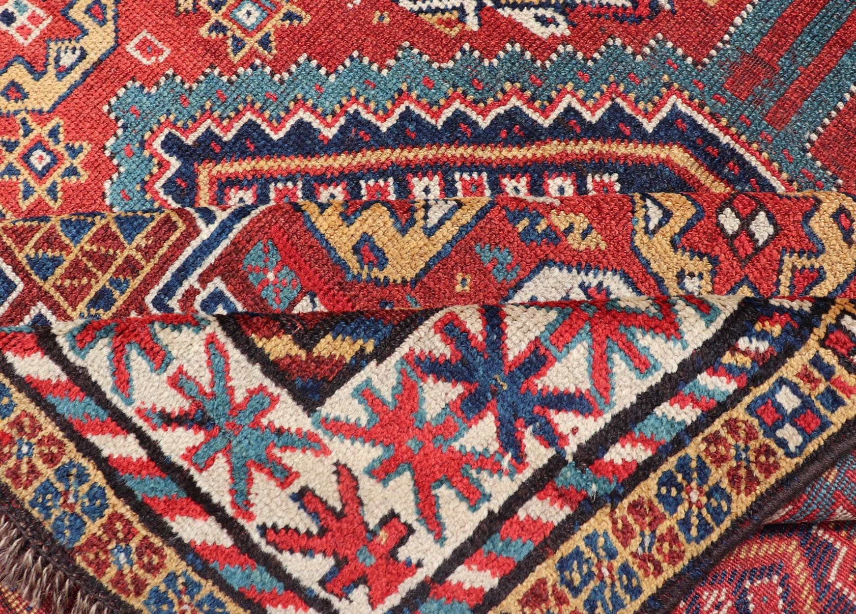 Antique Qashqai Rug with Geometric Motifs in Red, Blue, and Golden Yellow This stunning 19th century Qashqai rug from the central region of Persia displays three magnificent, geometric central medallions and an all - over geometric design. A dynam... - Keivan Woven ArtsS12 - 0518 - 3998Rug