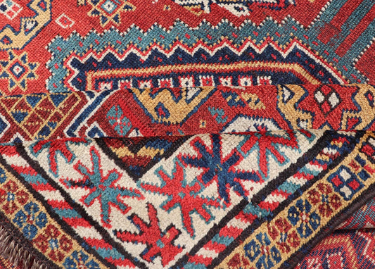 Antique Qashqai Rug with Geometric Motifs in Red, Blue, and Golden Yellow This stunning 19th century Qashqai rug from the central region of Persia displays three magnificent, geometric central medallions and an all - over geometric design. A dynam... - Keivan Woven ArtsS12 - 0518 - 3998Rug