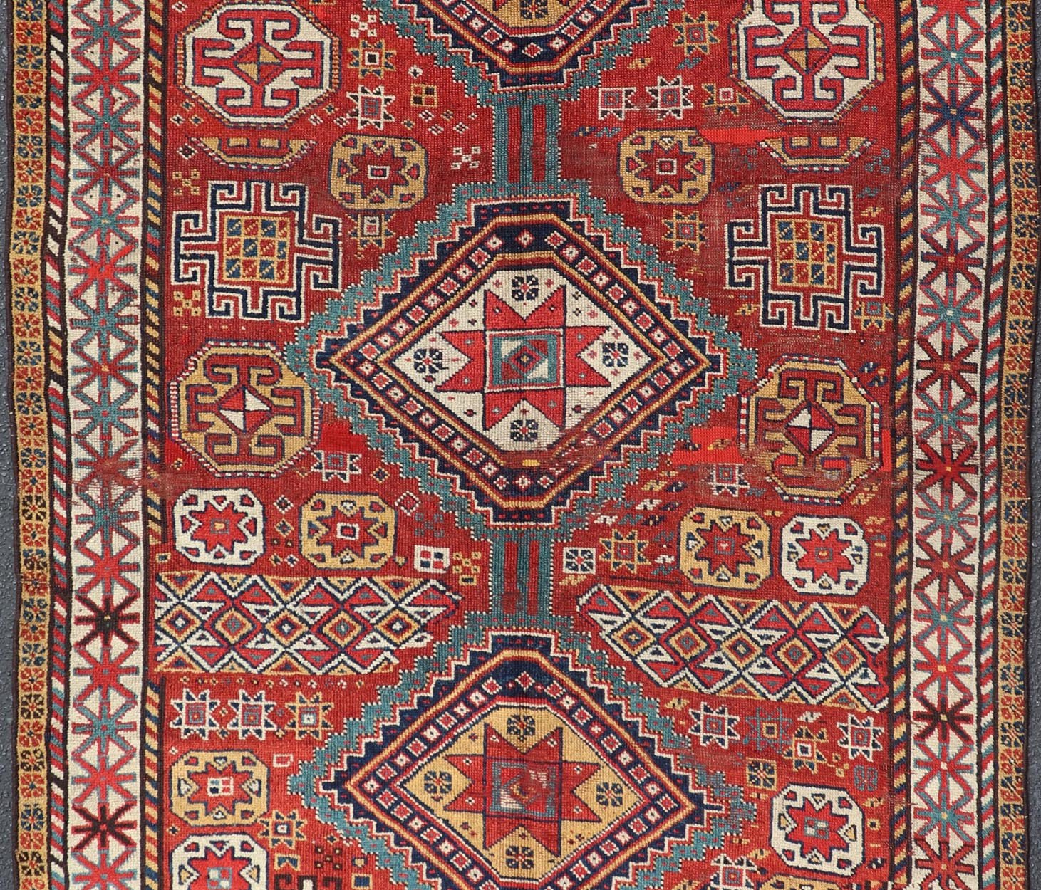 Antique Qashqai Rug with Geometric Motifs in Red, Blue, and Golden Yellow This stunning 19th century Qashqai rug from the central region of Persia displays three magnificent, geometric central medallions and an all - over geometric design. A dynam... - Keivan Woven ArtsS12 - 0518 - 3998Rug