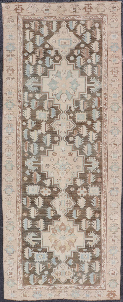 Antique Kazak Runner with Geometric Design And Medallions On A Brown Field Country of Origin: Caucasus Type: Kazak Design: medallion, Sub - Geometric, Early 20th century, Keivan Woven Arts; rug S12 - 0519 Measures: 3'2 x 8'7 This piece was h... - Keivan Woven ArtsS12 - 0519 - 3263Rug