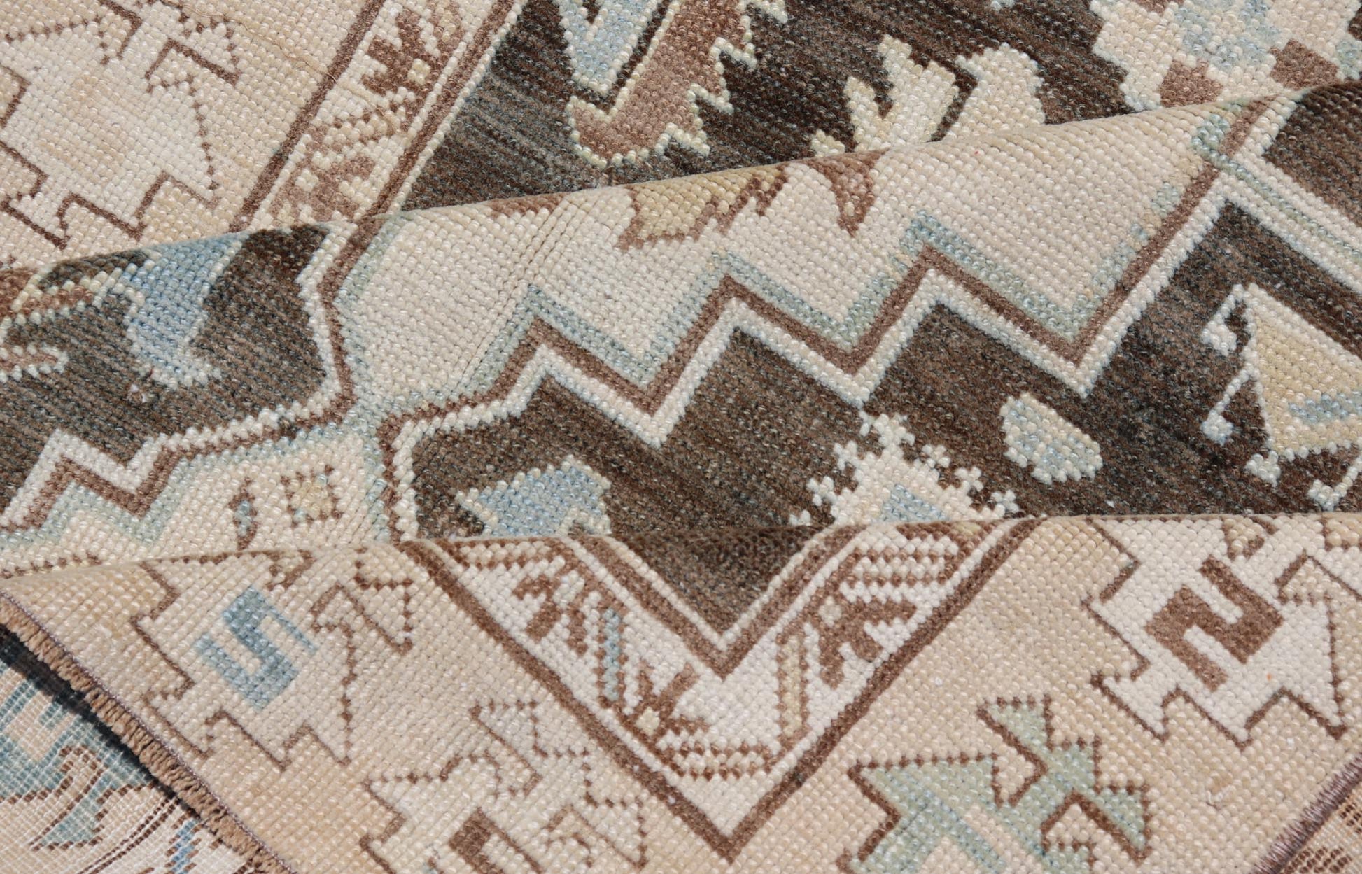 Antique Kazak Runner with Geometric Design And Medallions On A Brown Field Country of Origin: Caucasus Type: Kazak Design: medallion, Sub - Geometric, Early 20th century, Keivan Woven Arts; rug S12 - 0519 Measures: 3'2 x 8'7 This piece was h... - Keivan Woven ArtsS12 - 0519 - 3263Rug