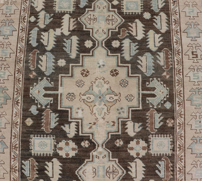 Antique Kazak Runner with Geometric Design And Medallions On A Brown Field Country of Origin: Caucasus Type: Kazak Design: medallion, Sub - Geometric, Early 20th century, Keivan Woven Arts; rug S12 - 0519 Measures: 3'2 x 8'7 This piece was h... - Keivan Woven ArtsS12 - 0519 - 3263Rug