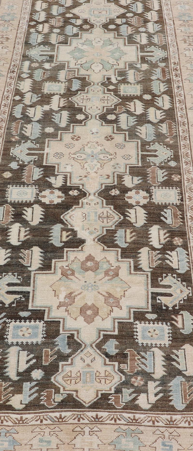 Antique Kazak Runner with Geometric Design And Medallions On A Brown Field Country of Origin: Caucasus Type: Kazak Design: medallion, Sub - Geometric, Early 20th century, Keivan Woven Arts; rug S12 - 0519 Measures: 3'2 x 8'7 This piece was h... - Keivan Woven ArtsS12 - 0519 - 3263Rug