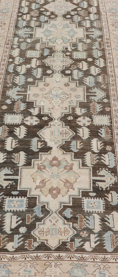 Antique Kazak Runner with Geometric Design And Medallions On A Brown Field Country of Origin: Caucasus Type: Kazak Design: medallion, Sub - Geometric, Early 20th century, Keivan Woven Arts; rug S12 - 0519 Measures: 3'2 x 8'7 This piece was h... - Keivan Woven ArtsS12 - 0519 - 3263Rug