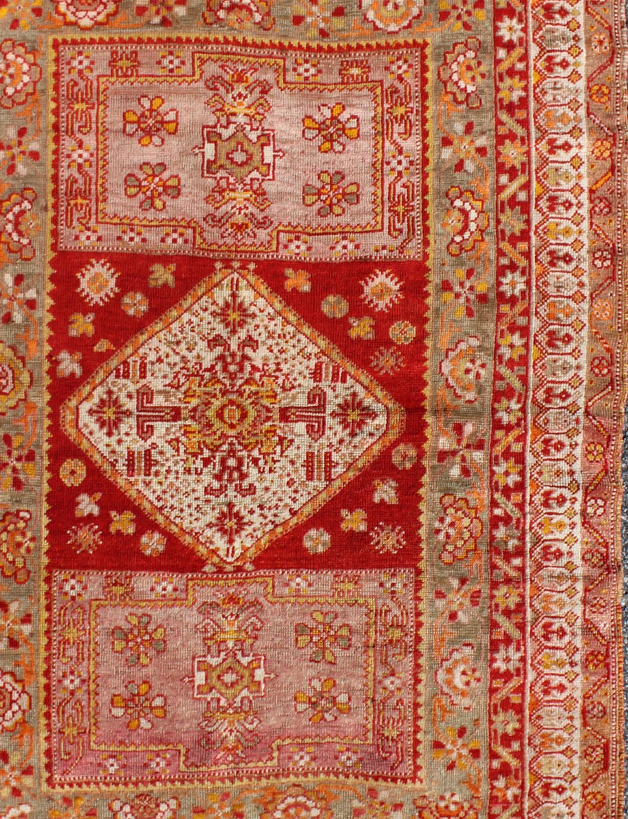 Antique Turkish Oushak Rug With Colorful Flowing Floral and Geometric Motifs in red, green, pink, Keivan Woven Arts/ rug/S12 - 0523, origin/Turkey, antique Oushak Measures: 3.6 x 4.9 This antique Oushak rug features an intricate and comple... - Keivan Woven ArtsS12 - 0523 - 3257Rug