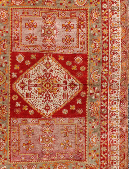 Antique Turkish Oushak Rug With Colorful Flowing Floral and Geometric Motifs in red, green, pink, Keivan Woven Arts/ rug/S12 - 0523, origin/Turkey, antique Oushak Measures: 3.6 x 4.9 This antique Oushak rug features an intricate and comple... - Keivan Woven ArtsS12 - 0523 - 3257Rug