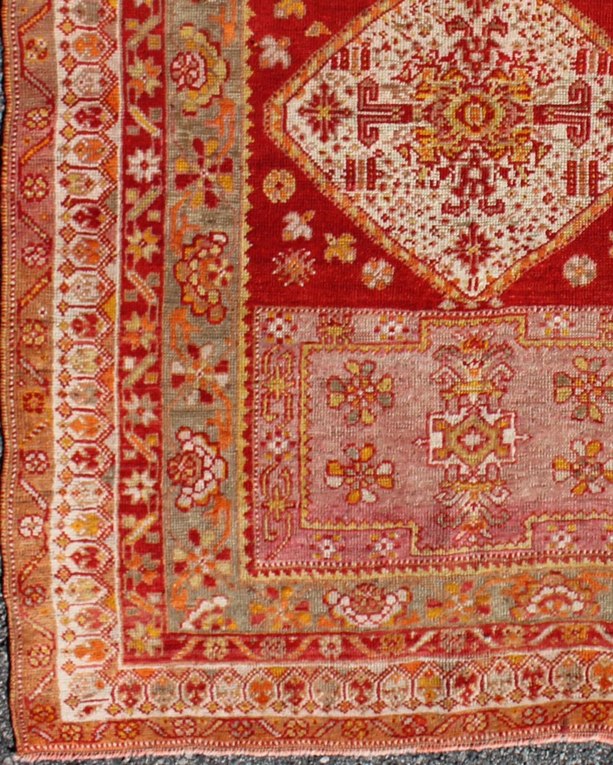 Antique Turkish Oushak Rug With Colorful Flowing Floral and Geometric Motifs in red, green, pink, Keivan Woven Arts/ rug/S12 - 0523, origin/Turkey, antique Oushak Measures: 3.6 x 4.9 This antique Oushak rug features an intricate and comple... - Keivan Woven ArtsS12 - 0523 - 3257Rug