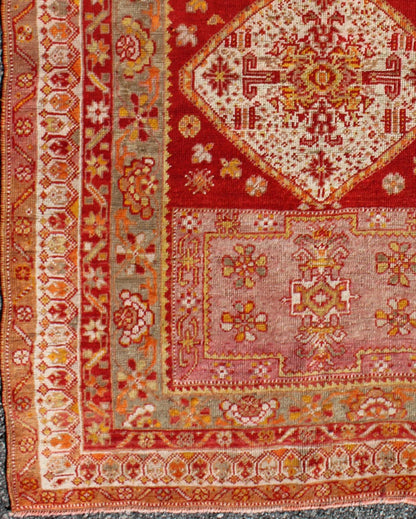 Antique Turkish Oushak Rug With Colorful Flowing Floral and Geometric Motifs in red, green, pink, Keivan Woven Arts/ rug/S12 - 0523, origin/Turkey, antique Oushak Measures: 3.6 x 4.9 This antique Oushak rug features an intricate and comple... - Keivan Woven ArtsS12 - 0523 - 3257Rug