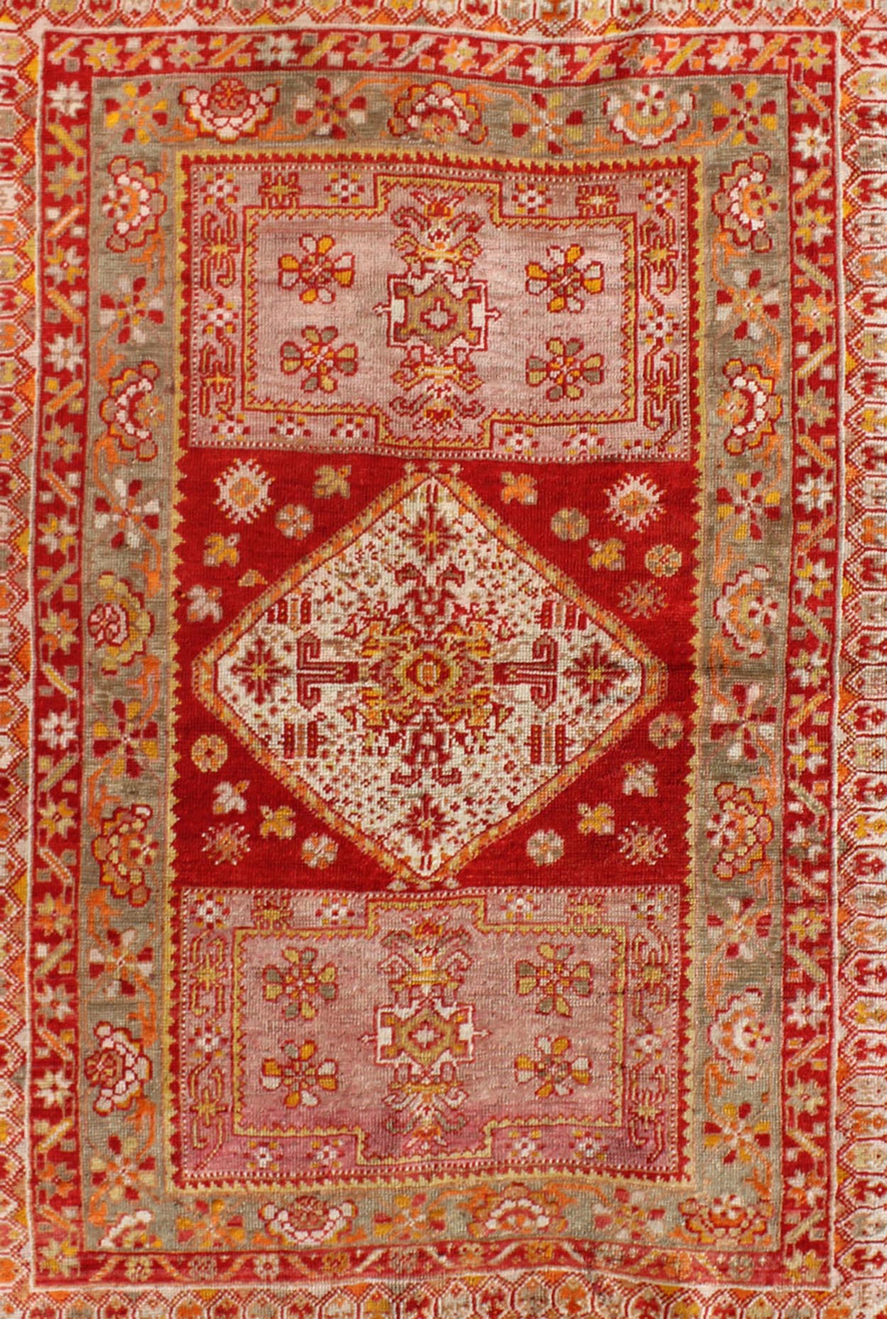 Antique Turkish Oushak Rug With Colorful Flowing Floral and Geometric Motifs in red, green, pink, Keivan Woven Arts/ rug/S12 - 0523, origin/Turkey, antique Oushak Measures: 3.6 x 4.9 This antique Oushak rug features an intricate and comple... - Keivan Woven ArtsS12 - 0523 - 3257Rug