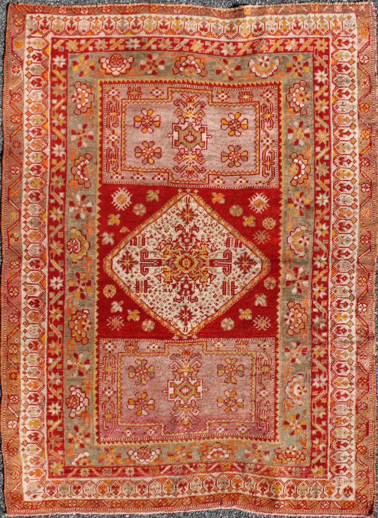 Antique Turkish Oushak Rug With Colorful Flowing Floral and Geometric Motifs in red, green, pink, Keivan Woven Arts/ rug/S12 - 0523, origin/Turkey, antique Oushak Measures: 3.6 x 4.9 This antique Oushak rug features an intricate and comple... - Keivan Woven ArtsS12 - 0523 - 3257Rug