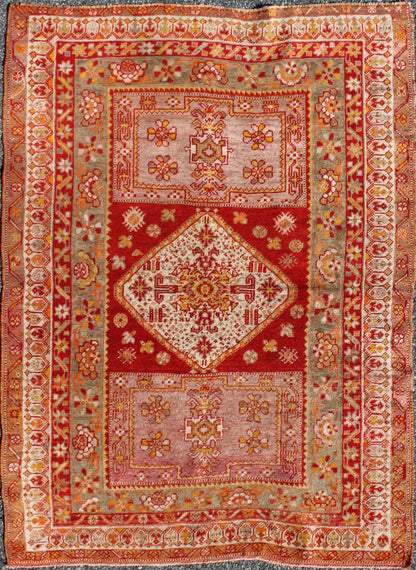 Antique Turkish Oushak Rug With Colorful Flowing Floral and Geometric Motifs in red, green, pink, Keivan Woven Arts/ rug/S12 - 0523, origin/Turkey, antique Oushak Measures: 3.6 x 4.9 This antique Oushak rug features an intricate and comple... - Keivan Woven ArtsS12 - 0523 - 3257Rug