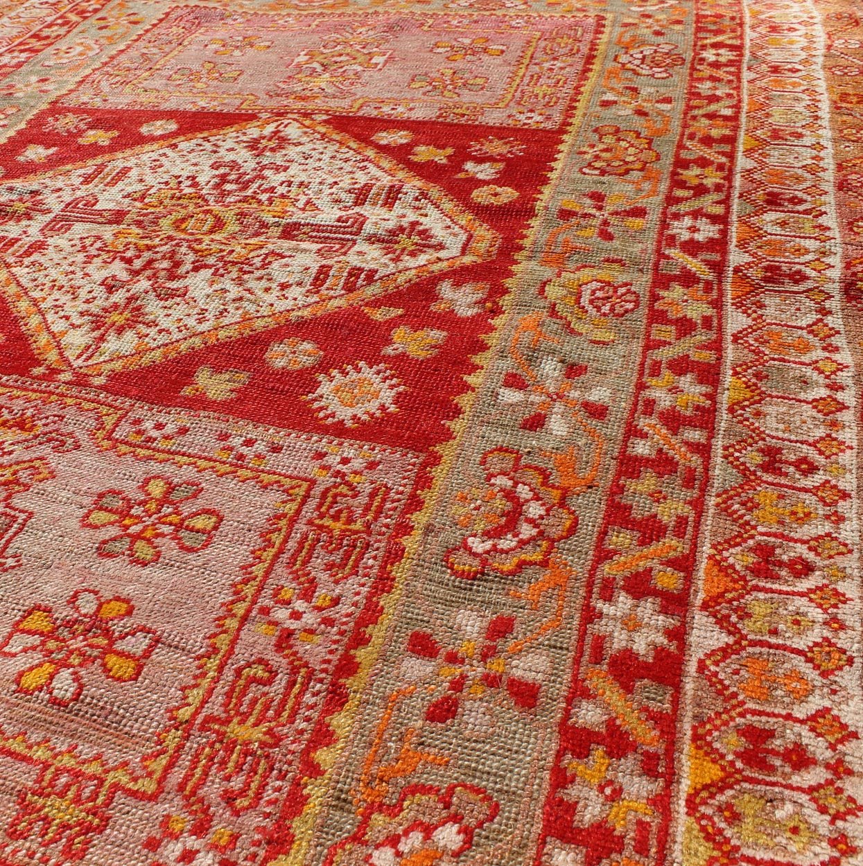 Antique Turkish Oushak Rug With Colorful Flowing Floral and Geometric Motifs in red, green, pink, Keivan Woven Arts/ rug/S12 - 0523, origin/Turkey, antique Oushak Measures: 3.6 x 4.9 This antique Oushak rug features an intricate and comple... - Keivan Woven ArtsS12 - 0523 - 3257Rug