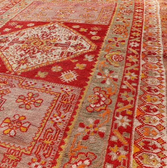 Antique Turkish Oushak Rug With Colorful Flowing Floral and Geometric Motifs in red, green, pink, Keivan Woven Arts/ rug/S12 - 0523, origin/Turkey, antique Oushak Measures: 3.6 x 4.9 This antique Oushak rug features an intricate and comple... - Keivan Woven ArtsS12 - 0523 - 3257Rug