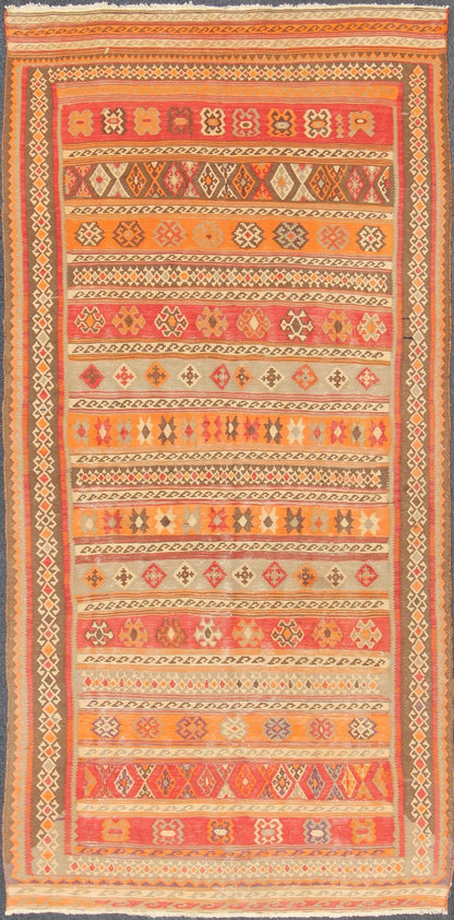 Antique Moroccan Kilim with Embroidery in Red, Orange, Gray and Brown. Keivan Woven Arts, S12 - 0601, 1930's Antique Moroccan Kilim Rug Antique Moroccan Kilim with Embroidery in Red, Orange, Gray and Brown. This brilliant kilim displays faded ora... - Keivan Woven ArtsS12 - 0601 - 3269Rug