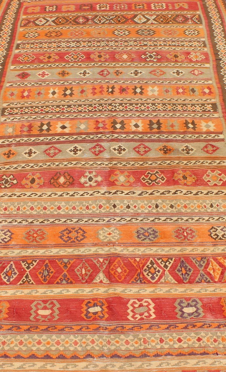 Antique Moroccan Kilim with Embroidery in Red, Orange, Gray and Brown. Keivan Woven Arts, S12 - 0601, 1930's Antique Moroccan Kilim Rug Antique Moroccan Kilim with Embroidery in Red, Orange, Gray and Brown. This brilliant kilim displays faded ora... - Keivan Woven ArtsS12 - 0601 - 3269Rug