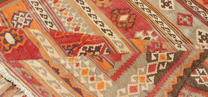 Antique Moroccan Kilim with Embroidery in Red, Orange, Gray and Brown. Keivan Woven Arts, S12 - 0601, 1930's Antique Moroccan Kilim Rug Antique Moroccan Kilim with Embroidery in Red, Orange, Gray and Brown. This brilliant kilim displays faded ora... - Keivan Woven ArtsS12 - 0601 - 3269Rug