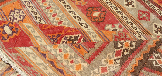 Antique Moroccan Kilim with Embroidery in Red, Orange, Gray and Brown. Keivan Woven Arts, S12 - 0601, 1930's Antique Moroccan Kilim Rug Antique Moroccan Kilim with Embroidery in Red, Orange, Gray and Brown. This brilliant kilim displays faded ora... - Keivan Woven ArtsS12 - 0601 - 3269Rug