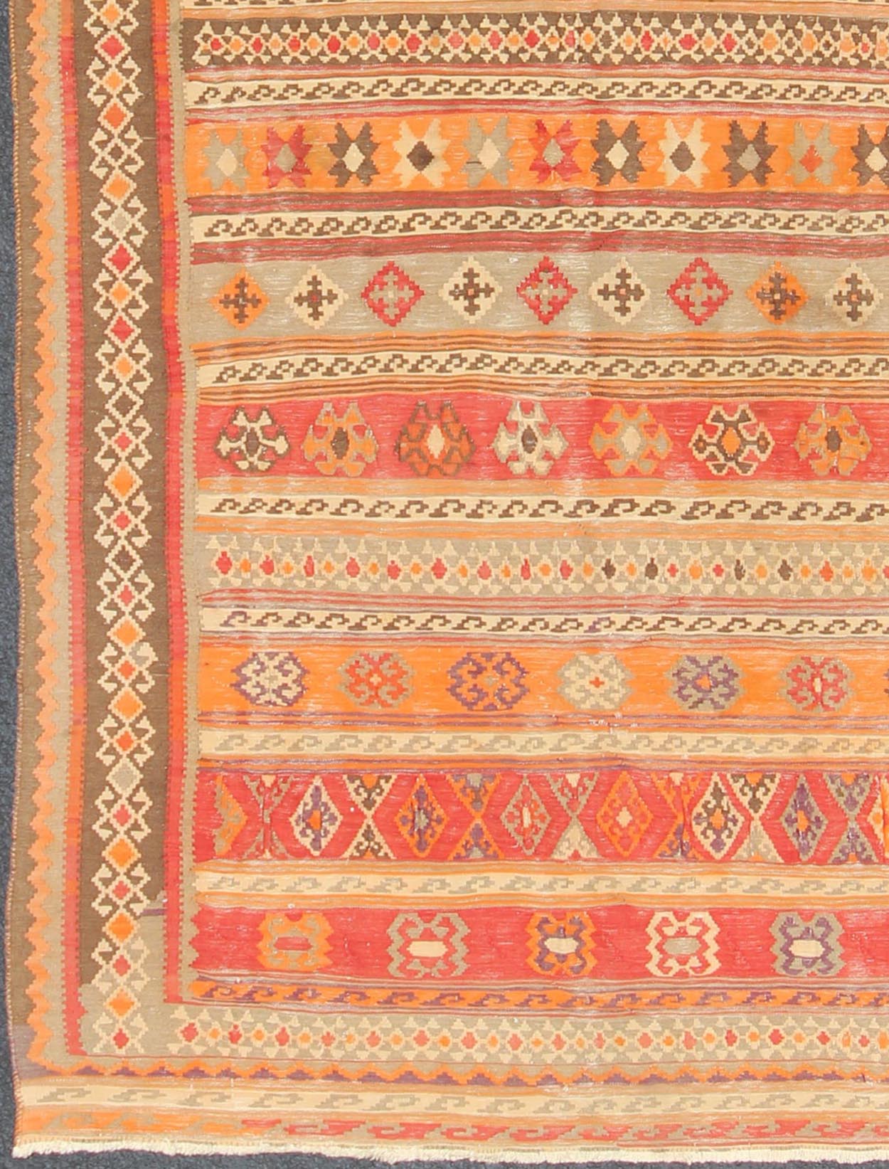 Antique Moroccan Kilim with Embroidery in Red, Orange, Gray and Brown. Keivan Woven Arts, S12 - 0601, 1930's Antique Moroccan Kilim Rug Antique Moroccan Kilim with Embroidery in Red, Orange, Gray and Brown. This brilliant kilim displays faded ora... - Keivan Woven ArtsS12 - 0601 - 3269Rug