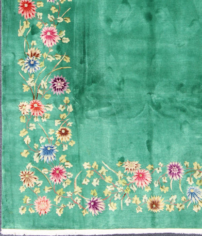 Chinese Art Deco Rug with solid Green Field and Colorful, Vining, Floral Border, rug s12 - 0602, country of origin / type: china / Art Deco, circa 1930 Alive with color, this beautiful antique Art Deco Chinese rug (circa 1930) features a tradition... - Keivan Woven ArtsS12 - 0602 - 3335Rug