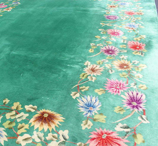 Chinese Art Deco Rug with solid Green Field and Colorful, Vining, Floral Border, rug s12 - 0602, country of origin / type: china / Art Deco, circa 1930 Alive with color, this beautiful antique Art Deco Chinese rug (circa 1930) features a tradition... - Keivan Woven ArtsS12 - 0602 - 3335Rug