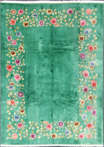 Chinese Art Deco Rug with solid Green Field and Colorful, Vining, Floral Border, rug s12 - 0602, country of origin / type: china / Art Deco, circa 1930 Alive with color, this beautiful antique Art Deco Chinese rug (circa 1930) features a tradition... - Keivan Woven ArtsS12 - 0602 - 3335Rug