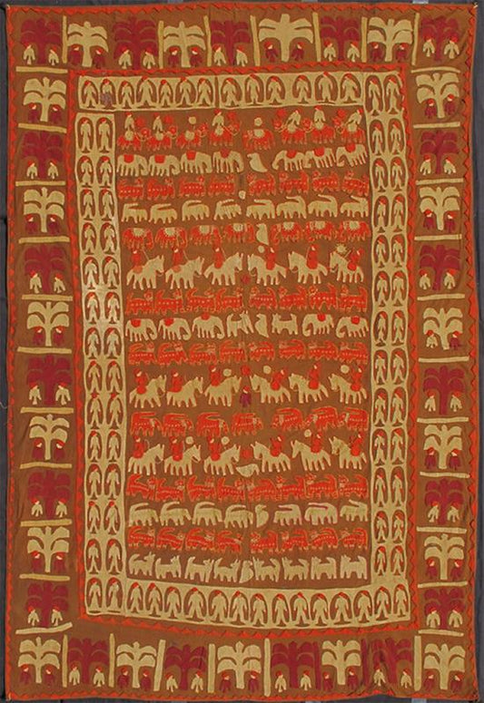 African Textile in Geometric Tribal Motifs in Earth Tones African Rug with Geometric Design Rendered in tribal motifs, animals, people on horse back, rug S12 - 0606, country of origin / type: Morocco / Tribal, circa 1920. Crafted in the early ... - Keivan Woven ArtsS12 - 0606 - 3277Rug