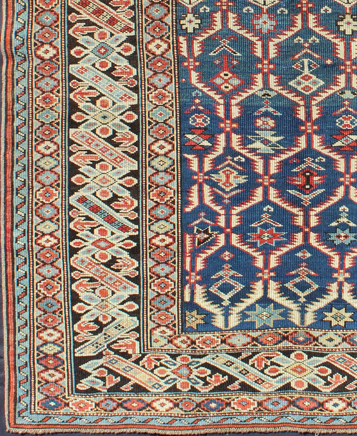 Amazing Antique Caucasian Chi Chi in Medium Blue Background and Brown Border Measures: 3'6 x 4'10. This Gorgeous 19th Century Chi Chi rug displays an amazing color combination of medium blue, Green, Brown and rust colors, featuring a repeat... - Keivan Woven ArtsS12 - 0609 - 3273Rug