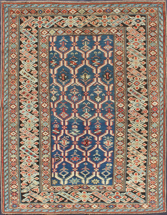 Amazing Antique Caucasian Chi Chi in Medium Blue Background and Brown Border Measures: 3'6 x 4'10. This Gorgeous 19th Century Chi Chi rug displays an amazing color combination of medium blue, Green, Brown and rust colors, featuring a repeat... - Keivan Woven ArtsS12 - 0609 - 3273Rug