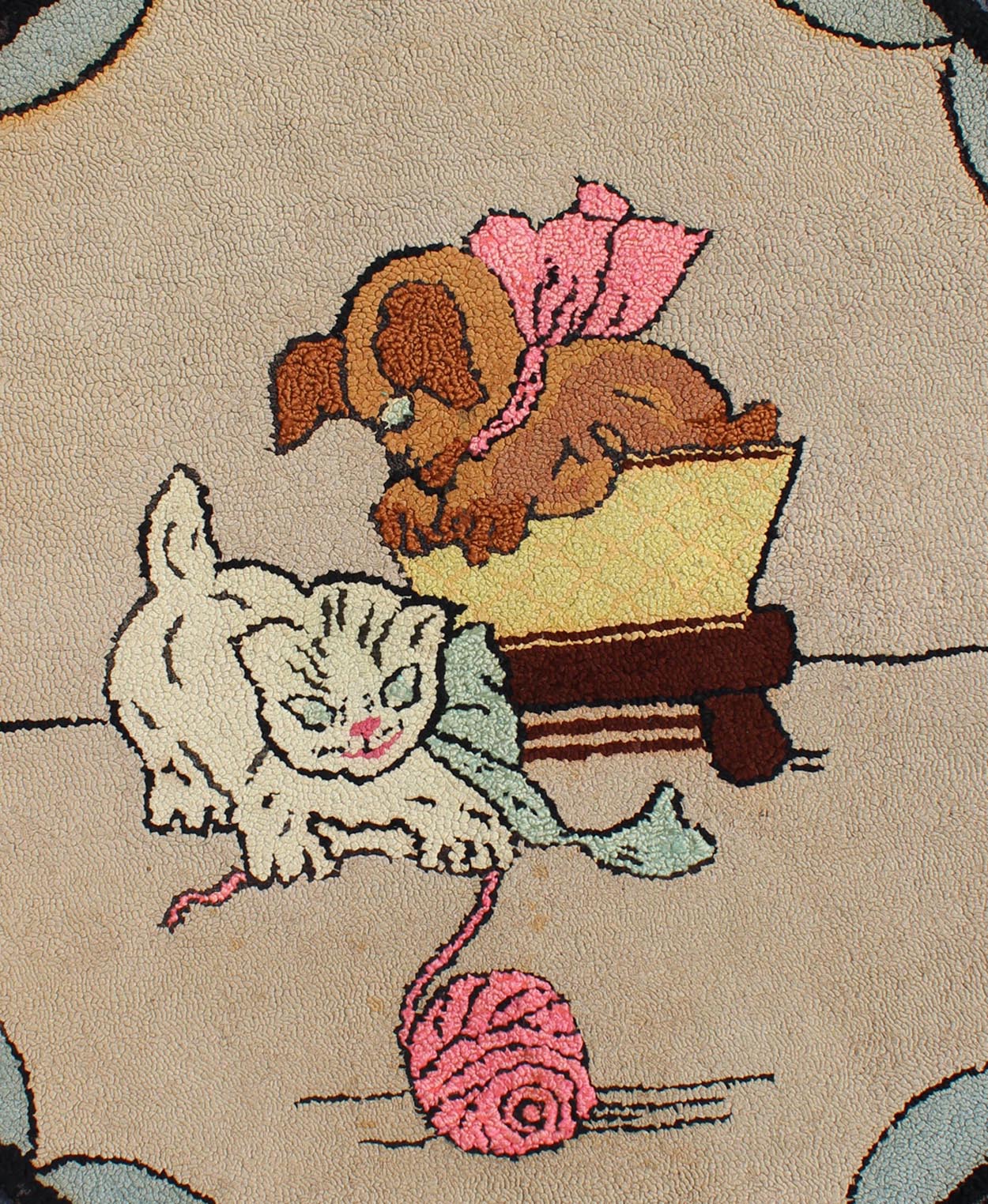 American Hooked Rug with a Cat and Dog American Hooked rug featuring a Cat and dog, rug S12 - 0613, country of origin / type: United States / Hooked, circa 1940 This hooked rug is 3 foot circle with cat playing with a ball of yard and a do... - Keivan Woven ArtsS12 - 0613 - 3297Rug