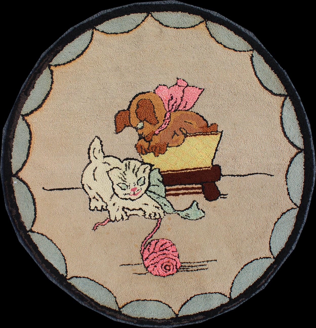 American Hooked Rug with a Cat and Dog American Hooked rug featuring a Cat and dog, rug S12 - 0613, country of origin / type: United States / Hooked, circa 1940 This hooked rug is 3 foot circle with cat playing with a ball of yard and a do... - Keivan Woven ArtsS12 - 0613 - 3297Rug