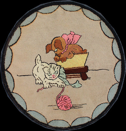 American Hooked Rug with a Cat and Dog American Hooked rug featuring a Cat and dog, rug S12 - 0613, country of origin / type: United States / Hooked, circa 1940 This hooked rug is 3 foot circle with cat playing with a ball of yard and a do... - Keivan Woven ArtsS12 - 0613 - 3297Rug