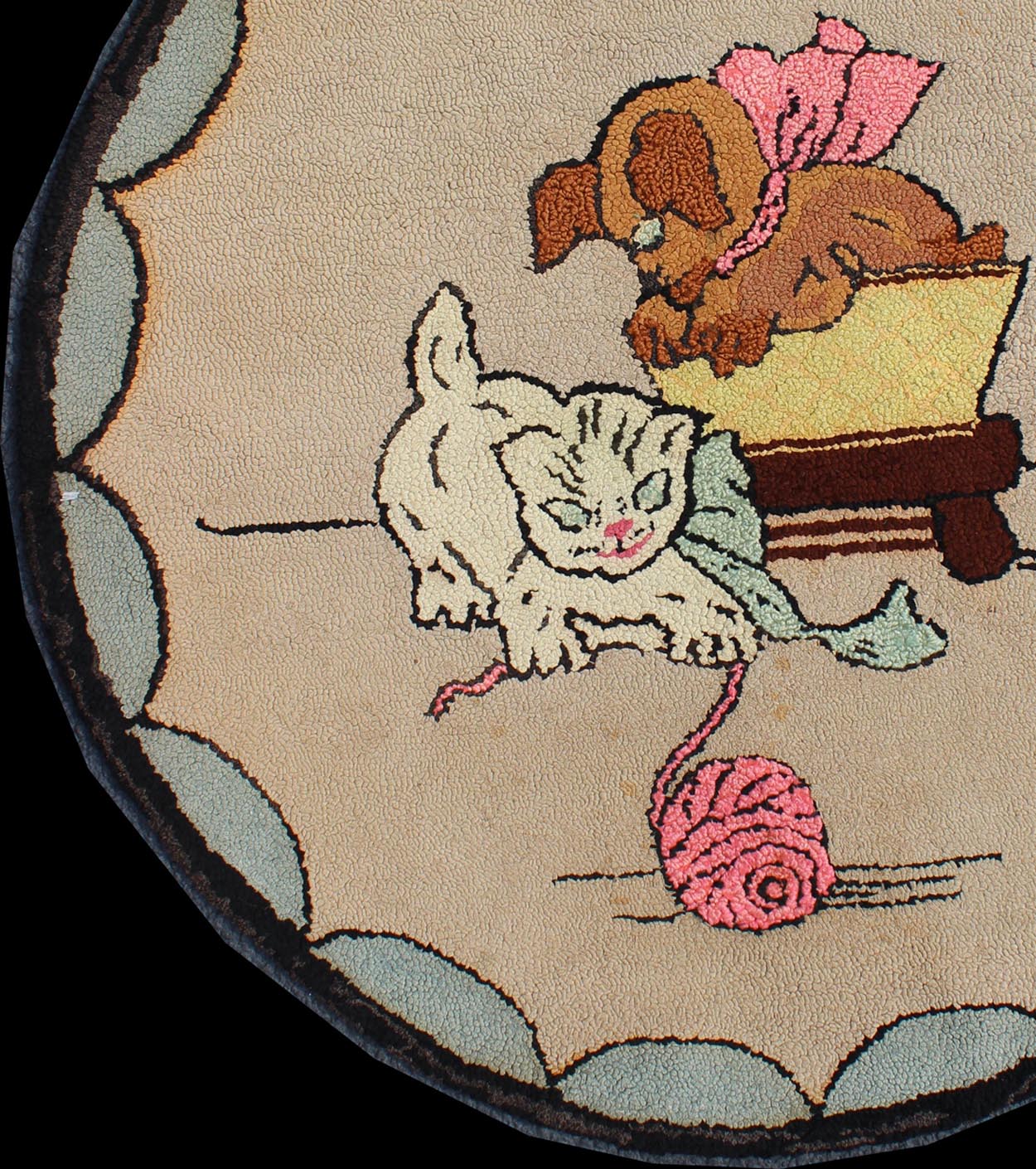 American Hooked Rug with a Cat and Dog American Hooked rug featuring a Cat and dog, rug S12 - 0613, country of origin / type: United States / Hooked, circa 1940 This hooked rug is 3 foot circle with cat playing with a ball of yard and a do... - Keivan Woven ArtsS12 - 0613 - 3297Rug