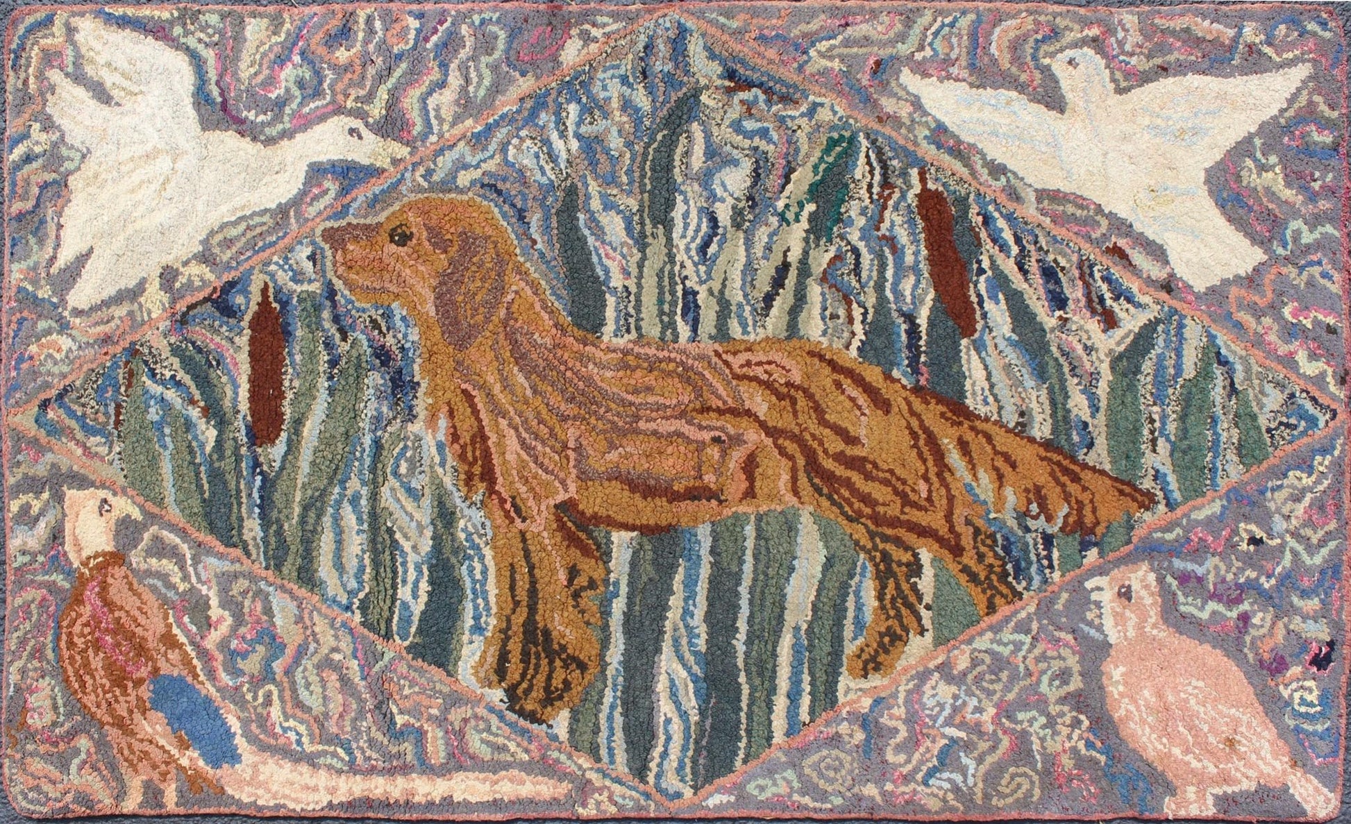 American Hooked Rug with a Golden Retriever With Different Type of Birds American Hooked rug featuring a golden retriever with four different type of birds in the corners, Keivan Woven Arts / rug S12 - 0615, country of origin / type: United State... - Keivan Woven ArtsS12 - 0615 - 3281Rug