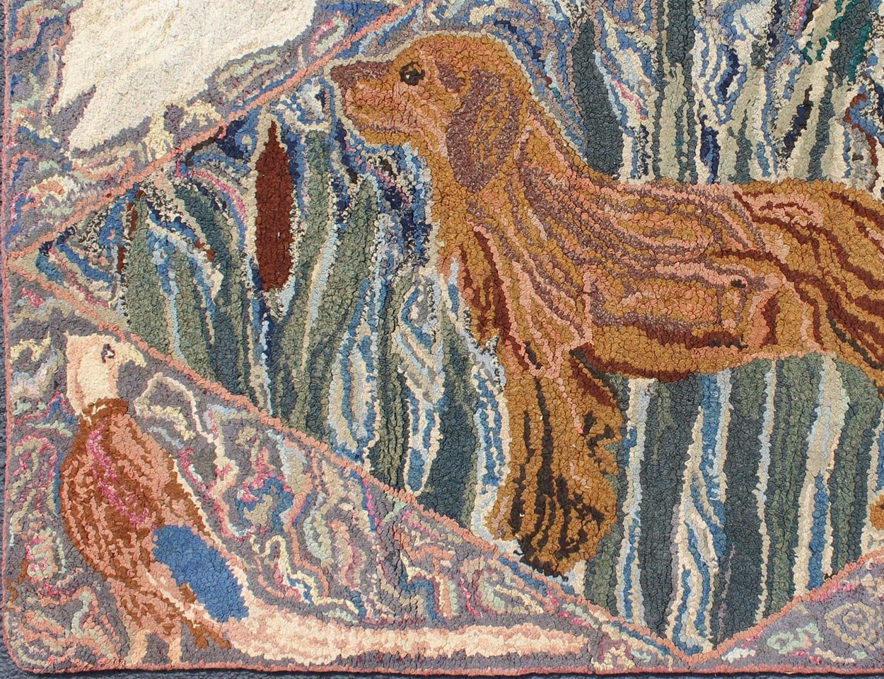 American Hooked Rug with a Golden Retriever With Different Type of Birds American Hooked rug featuring a golden retriever with four different type of birds in the corners, Keivan Woven Arts / rug S12 - 0615, country of origin / type: United State... - Keivan Woven ArtsS12 - 0615 - 3281Rug