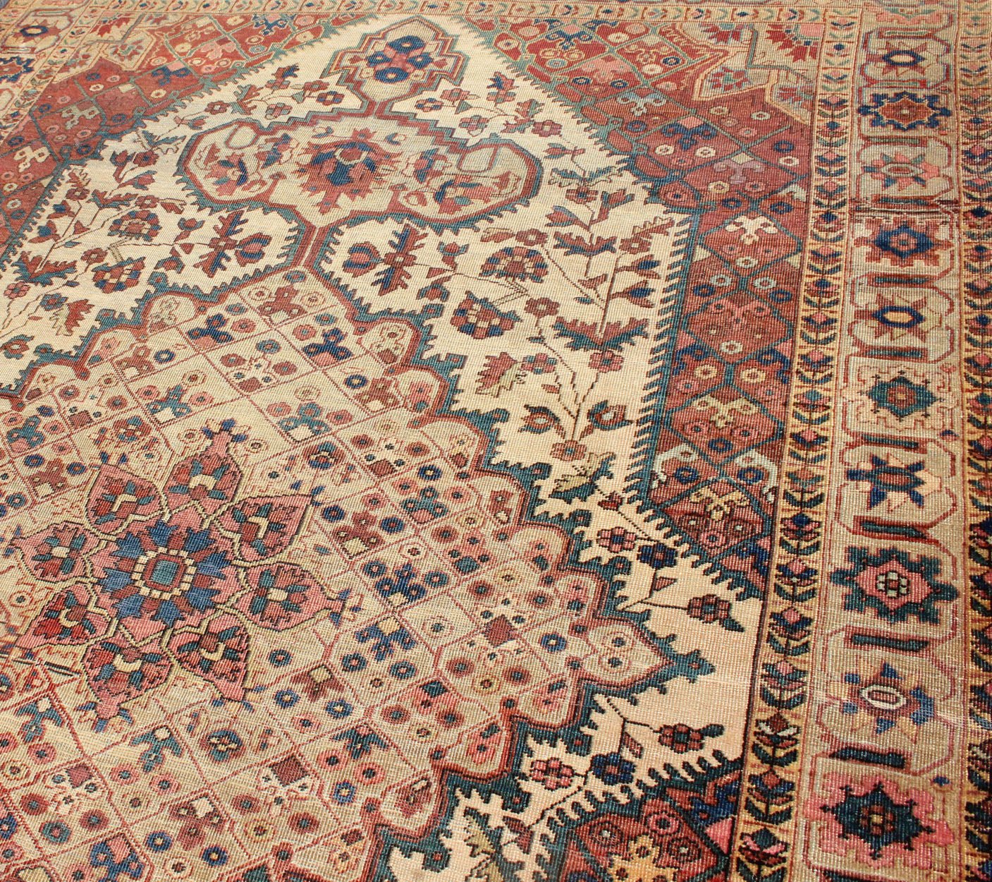 Antique Feraghan Sarouk Rug in Ivory Background, Brown Red, Camel, Salmon and Teal. Antique Ferahan Sarouk Rug in Ivory Background, Red Brown, Camel and Teal, Green and Denim Blue. kwaRugs / S12 - 0616. This outstanding antique Farahan Sarouk car... - Keivan Woven ArtsS12 - 0616 - 3301Rug