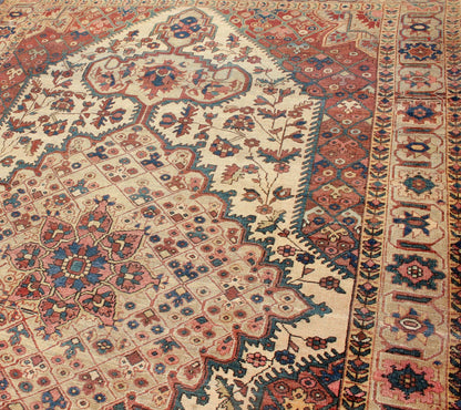 Antique Feraghan Sarouk Rug in Ivory Background, Brown Red, Camel, Salmon and Teal. Antique Ferahan Sarouk Rug in Ivory Background, Red Brown, Camel and Teal, Green and Denim Blue. kwaRugs / S12 - 0616. This outstanding antique Farahan Sarouk car... - Keivan Woven ArtsS12 - 0616 - 3301Rug