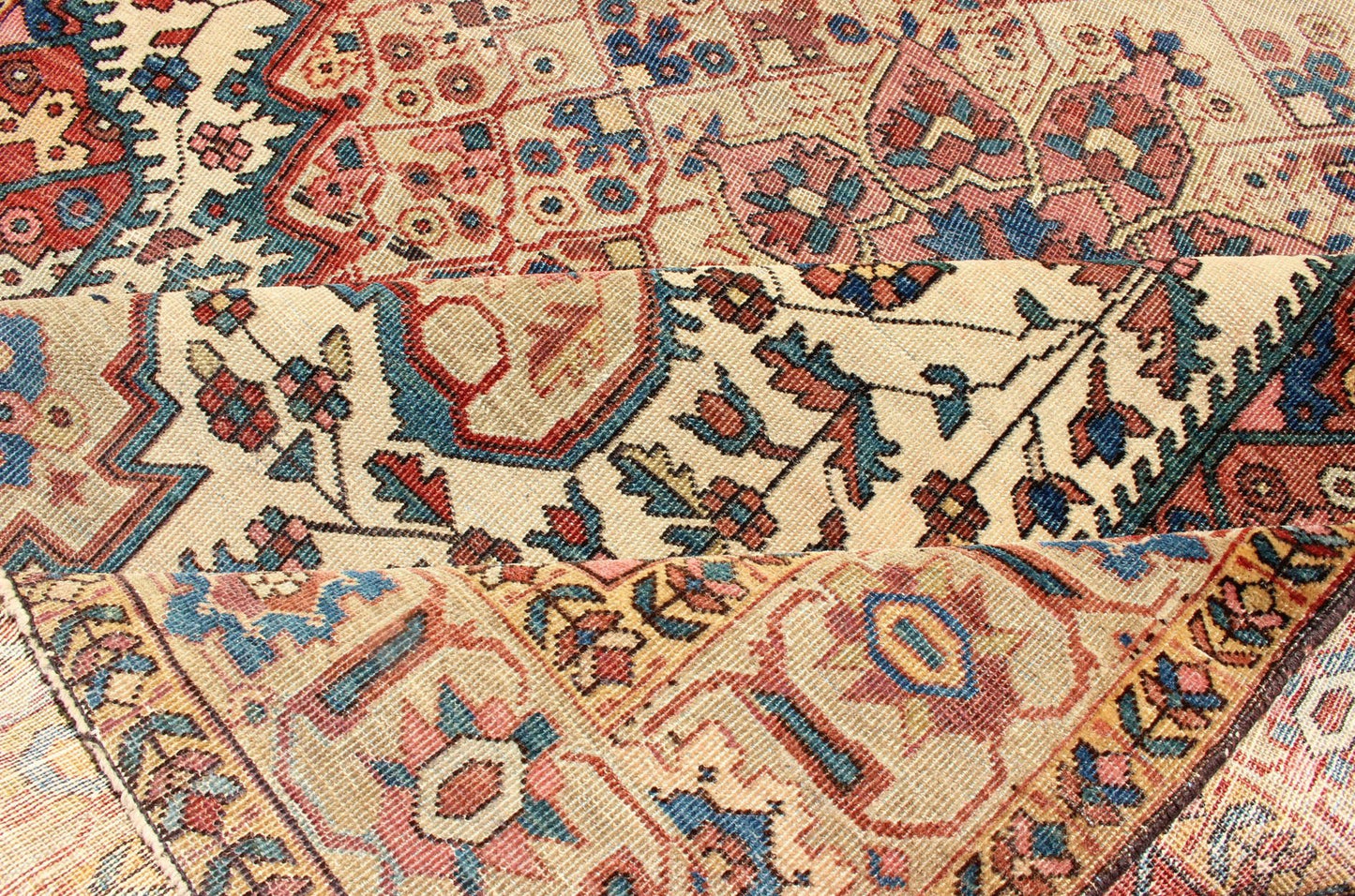 Antique Feraghan Sarouk Rug in Ivory Background, Brown Red, Camel, Salmon and Teal. Antique Ferahan Sarouk Rug in Ivory Background, Red Brown, Camel and Teal, Green and Denim Blue. kwaRugs / S12 - 0616. This outstanding antique Farahan Sarouk car... - Keivan Woven ArtsS12 - 0616 - 3301Rug