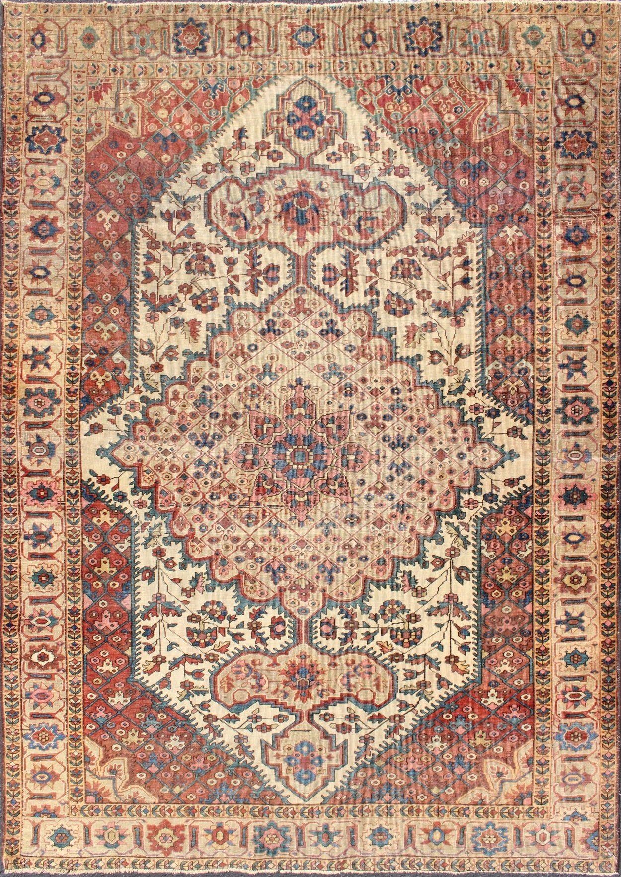 Antique Feraghan Sarouk Rug in Ivory Background, Brown Red, Camel, Salmon and Teal. Antique Ferahan Sarouk Rug in Ivory Background, Red Brown, Camel and Teal, Green and Denim Blue. kwaRugs / S12 - 0616. This outstanding antique Farahan Sarouk car... - Keivan Woven ArtsS12 - 0616 - 3301Rug