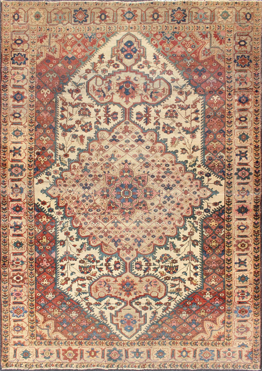 Antique Feraghan Sarouk Rug in Ivory Background, Brown Red, Camel, Salmon and Teal. Antique Ferahan Sarouk Rug in Ivory Background, Red Brown, Camel and Teal, Green and Denim Blue. kwaRugs / S12 - 0616. This outstanding antique Farahan Sarouk car... - Keivan Woven ArtsS12 - 0616 - 3301Rug
