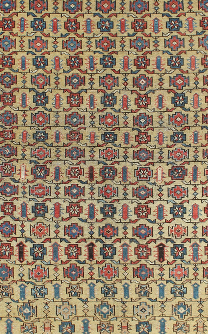Antique Kuba rug with all - over geometric ornament design in multi - colors. Keivan Woven Arts / rug S12 - 0617, country of origin / type: Caucasus / Kazak, circa 1890 Measures: 4'1 x 4'9. This Kuba rug from the southern Caucasus region features many ... - Keivan Woven ArtsS12 - 0617 - 3305Rug
