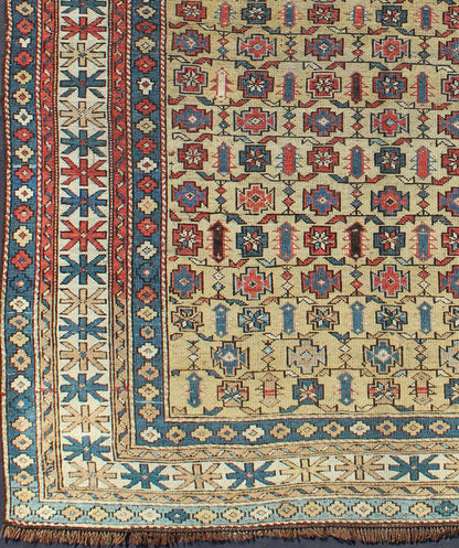 Antique Kuba rug with all - over geometric ornament design in multi - colors. Keivan Woven Arts / rug S12 - 0617, country of origin / type: Caucasus / Kazak, circa 1890 Measures: 4'1 x 4'9. This Kuba rug from the southern Caucasus region features many ... - Keivan Woven ArtsS12 - 0617 - 3305Rug