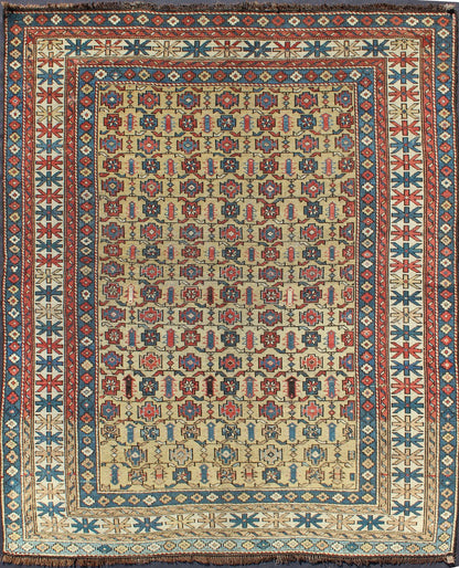 Antique Kuba rug with all - over geometric ornament design in multi - colors. Keivan Woven Arts / rug S12 - 0617, country of origin / type: Caucasus / Kazak, circa 1890 Measures: 4'1 x 4'9. This Kuba rug from the southern Caucasus region features many ... - Keivan Woven ArtsS12 - 0617 - 3305Rug