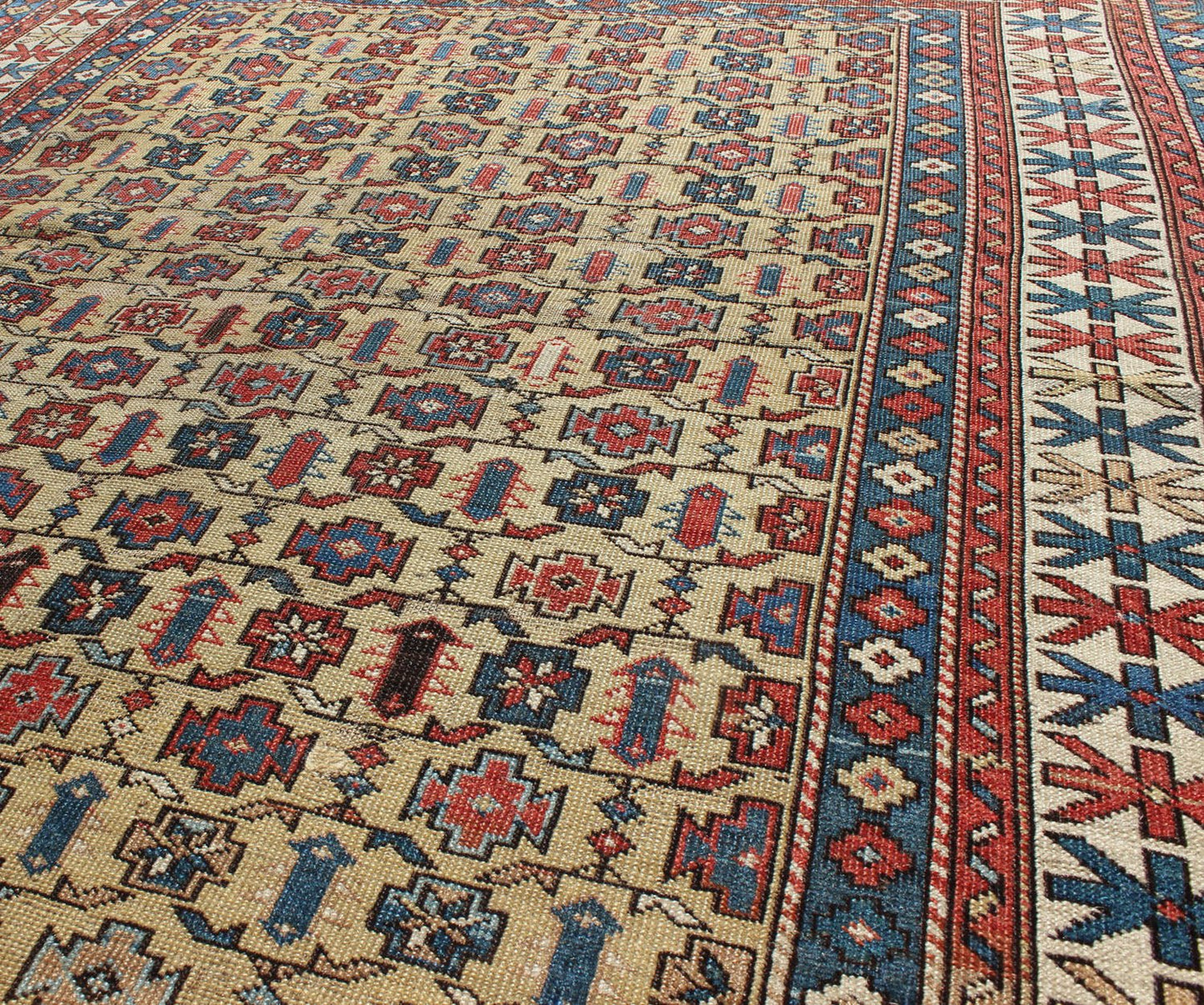 Antique Kuba rug with all - over geometric ornament design in multi - colors. Keivan Woven Arts / rug S12 - 0617, country of origin / type: Caucasus / Kazak, circa 1890 Measures: 4'1 x 4'9. This Kuba rug from the southern Caucasus region features many ... - Keivan Woven ArtsS12 - 0617 - 3305Rug